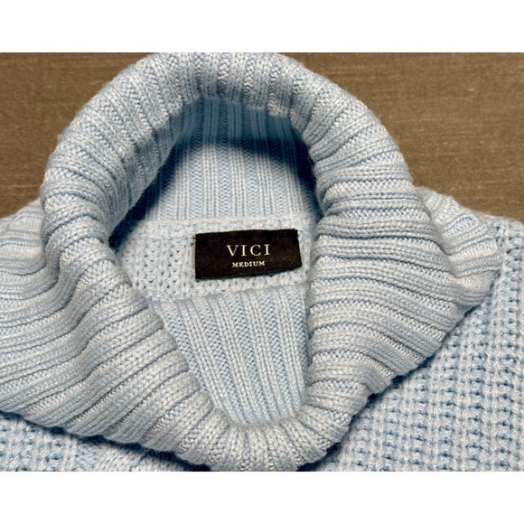 VICI Womens Light Blue Chunky Knit Turtleneck Sweater Chevron Cable SW4001 M - Picture 3 of 7
